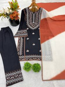 Elegant <b>Black</b> Embroidered Rayon Cotton Kurti Set with Farshi <b>Pant</b> & Georgette Dupatta – Fully Stitched Ready to Wear - Product Image 4