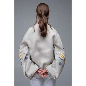 Blusa de Lino Gris para Mujer, Bordada, Estilo Étnico, Tejida a Mano, con Mangas Anchas - Product Image 4