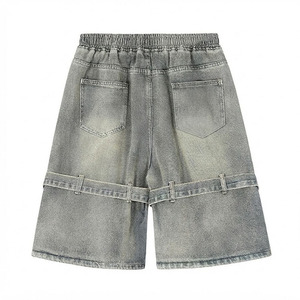 Pantalones Cortos de Mezclilla Gris Lavado Unisex con Logotipo Personalizado, Cintura Elástica con Cordón, Pantalones Cortos Largos de Mezclilla Estilo Urbano al por Mayor - Product Image 2