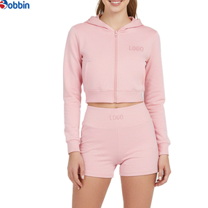 Ensemble de survêtements courts à capuche hip-hop d'été pour femmes, 2 pièces, veste à fermeture éclair et shorts, 100% coton respirant, respectueux de l'environnement, manches longues - Product Image 1