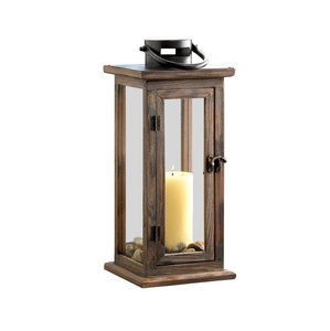 Lanterne à bougie en bois de style vintage avec fenêtres en verre et poignée en corde, décoration de mariage et de jardin - Product Image 1