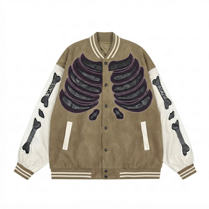 Blouson Bomber Varsity Homme avec Applique Squelette, Manches en Laine/Viscose, Style Urbain, Écologique, Coupe-Vent, Hiver - Product Image 1