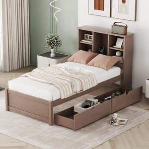 Base de Cama Doble Tradicional TNT con 2 Cajones de Almacenamiento y Cabecera con Librero, Madera de Pino Sólida y Resistente - Product Image 1