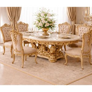 Lavish Style Round Breakfast <b>Table</b> Set Bespoke Castle Style White & Gold 6 Seater Wooden Dining Room Furniture Australia Sale - Product Image 1