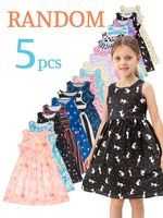 Lot de 5 jolies robes d'été pour filles, 100 % coton/polyester, sans manches, longueur cheville, jupe évasée, extensibilité moyenne, écologiques