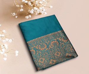 SAREE DE SEDA BANARASI LICHI CON TRABAJO DE JACQUARD EN TENDENCIA, CON BLUSA SIN COSTURAR, PARA USO FESTIVO 84839 VERDE ÉTNICO, LARGO HASTA EL SUELO, CADESAÑO REGULAR - Product Image 5