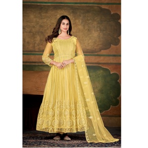 Costume Anarkali de luxe pour femmes, manches 3/4, en crêpe filet, semi-couture, extensible, séchage rapide, pour fêtes et mariages - Product Image 1