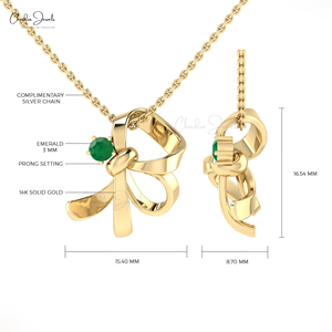 Wholesale Distributors 3mm Zambian Emerald Gemstone Elegant Bow Pendant Necklace Solid 14k Gold <b>May</b> <b>Birthstone</b> Pendant Jewelry - Product Image 4
