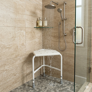 <b>Height</b> <b>Adjustable</b> Corner Shower <b>Stool</b> with Anti-Slip Feet & Drainage Holes -Bath Chair for Elderly, Disabled & Pregnant Users - Product Image 4