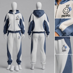 Ensemble de survêtement pour femme bleu glace et blanc avec fermeture éclair, design à empiècements de couleur, pantalon de jogging oversize, style streetwear - Product Image 5