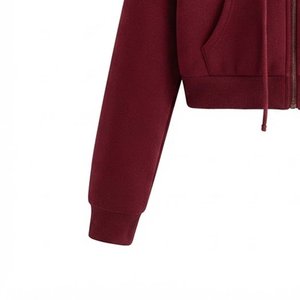 Sudadera con capucha y cremallera para mujer, con logo personalizado, color liso, manga larga, tejida, transpirable, para otoño, de longitud corta, al por mayor - Product Image 6