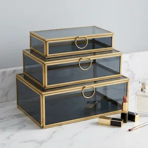 Artisan Design Black Glass and <b>Mirror</b> Jewelry <b>Box</b> with Brass Frame Storage Organizer for Rings Necklaces Accessories Cosmetics - Product Image 1