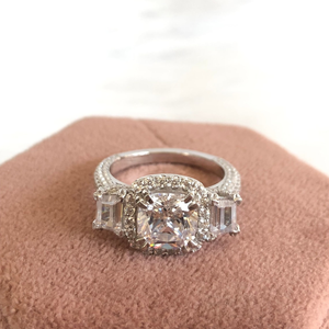 Cushion <b>Cut</b> Moissanite Solitaire Halo Three <b>Stone</b> Ring Side Round Trapezoid <b>Cut</b> Stones White Gold Double Claw Ring Gift Women - Product Image 1
