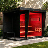 Rumah Sauna Luar Ruangan Kayu Cedar Merah dengan WiFi Pintar Opsional Terapi Cahaya Merah Kubus Sauna Uap Panoramic untuk 3-4 Orang Villa Spa Hitam
