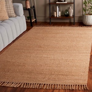 Tapis rectangulaire en jute tressé uni avec franges, écologique, tissage plat, style farmhouse, tapis de salon - Product Image 4