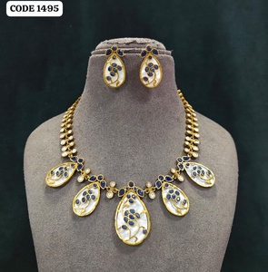 Luxury Gold Finish Mother of Pearl <b>Statement</b> <b>Necklace</b> Set with Multicolor Gemstone Accents Designer Wedding Party Bridal Fashion - Product Image 2
