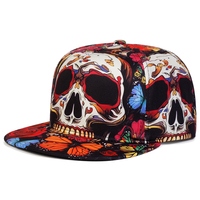 Casquette de baseball unisexe à visière plate avec imprimé graphique de crâne et de rose, style gothique punk hip hop streetwear, personnalisable, 100% polyester, rouge