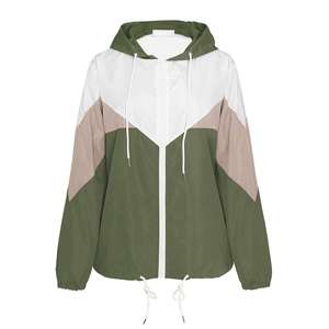 <b>Men</b> Color Block Hooded <b>Jacket</b> Full Zip Drawstring Olive Green <b>White</b> Sporty Windbreaker - Product Image 1