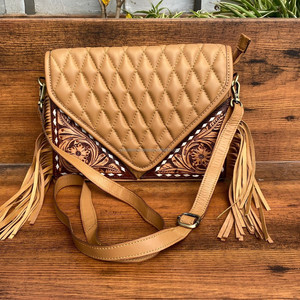 Bolso bandolera de cuero con flecos y patrón de edredón de diseño al por mayor para mujer, bolsos de hombro con entramado de diamantes - Product Image 3