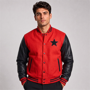 Veste de baseball rose pour homme avec manches en cuir noir, patch étoile brodé, tenue décontractée d'automne, coupe classique - Product Image 4