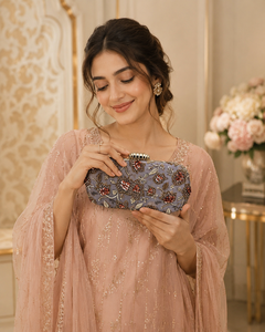 Printed Floral Embroidered Clutch Bag for Women Party Purse Bridal Wedding Handbag with Unique <b>Frame</b> Design and Sling Chain - Product Image 5