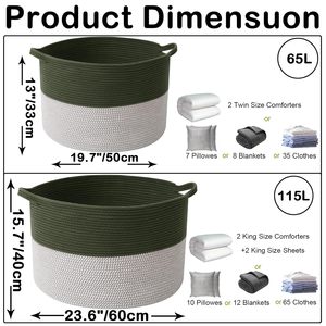 65L Large Woven Cotton Rope Nursery Basket, Laundry Basket Laundry Hamper with Handles,Blanket Basket <b>Storage</b> Bin for Toys - Product Image 5