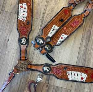 Ensemble de luxe de têtière et de collier de poitrine en cuir occidental, entièrement travaillé à la main, pour équipement complet de cheval - Product Image 2