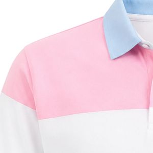 Pink White Light Blue Striped Polo <b>Shirt</b> with Jack & Jill Crest Patch Short Sleeve Color Block Collared Button Front Casual Golf - Product Image 5