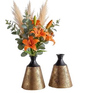 Juego de 2 jarrones de cerámica vintage negros y dorados con textura, cónicos, para decoración de mesa en la sala de estar del hogar. - Product Image 1