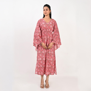 Elegante Vestido Maxi de Algodón con Estampado Floral, Cuello en V Profundo, Mangas Campana, Corte Holgado, Estilo Casual y Cómodo para el Verano - Product Image 1