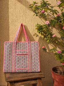 <b>Large</b> Boho Quilted Cotton Shoulder <b>Tote</b> <b>Bag</b> Zipper Closure Chained Detail <b>for</b> Women Washable Floral Print <b>for</b> <b>Travel</b> Shopping - Product Image 3