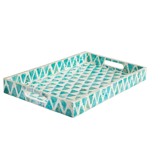 Plateau rectangulaire en nacre turquoise, mosaïque de coquillages géométriques triangulaires, avec poignées intégrées pour la décoration de table - Product Image 4