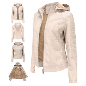 Élégant Beige élégant à capuche Moto cuir polyvalent vestes pour femmes avec doublure Sherpa fermeture à glissière confort Durable - Product Image 5