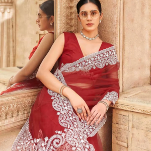 Sari en filet brodé couleur rouille KV avec blouse non cousue - Product Image 1