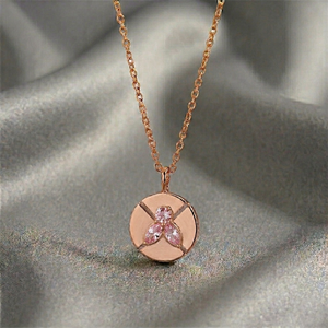 Collar con Colgante de Cuarzo Rosa Natural, Chapado en Oro Rosa, Gema Redonda Facetada, Joyería al por Mayor - Product Image 1