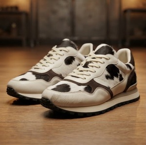 Genuine <b>Leather</b> Cow Print Round Toe Lace-Up Breathable Men's Sporty <b>Sneakers</b> All Seasons Rubber Outsole EVA Midsole - Product Image 1