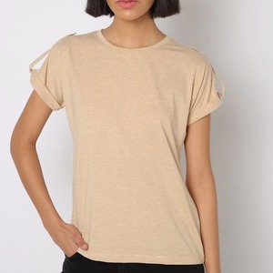 Camisetas de Verano para Mujer, Cómodas, de Algodón, Cuello Alto, Manga Corta, Color Sólido, Plisadas, para Fitness, Vacaciones, Ejercicio - Product Image 1