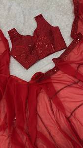 Wholesale <b>Red</b> Georgette Saree Striped Sequin Embroidery Designer Party Wear Indian Saree Unstitched <b>Blouse</b> Set - Product Image 6