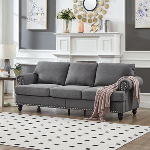 Divano Moderno Classico a Tre Posti da 83 Pollici per Soggiorno, Rivestito in Tessuto Grigio Poliestere con Borchie - Product Image 3