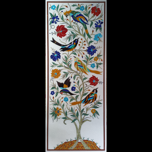 Panel de Pared de Piedra con Incrustaciones de Mármol Blanco Pulido Hecho a Mano, con Aves y Flores, Arte Pietra Dura, Decoración de Pared de Lujo - Product Image 2