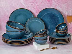 Service de table en céramique artisanale classique en grès, 20 pièces pour 6 personnes, sans cendres d'os, compatible lave-vaisselle et congélateur, vaisselle durable - Product Image 4