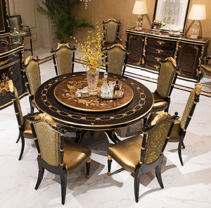 Luxurious 8-seater European <b>dining</b> table featuring polished beige marble top, ornate gold carved base and <b>chairs</b>, at wholesale. - Product Image 4