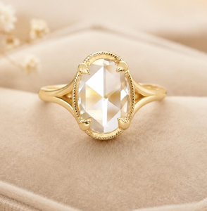 Bague de fiançailles solitaire en diamant de laboratoire taille ovale, fermoir boîte vintage, or 14 carats plaqué rhodium, bijoux de mariage - Product Image 5