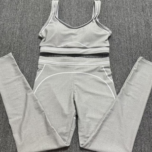 Ensemble de yoga 2 pièces pour femme, rose, avec leggings taille haute et brassière de sport dos nageur, coutures contrastées, sans couture, en Spandex et Polyester, longueur intégrale - Product Image 4