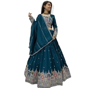 Vichitra puro especial de compromiso con trabajo de secuencia de bordado pesado Impreso digital Fancy Lahenga Choli con Cancan y lienzo - Product Image 1