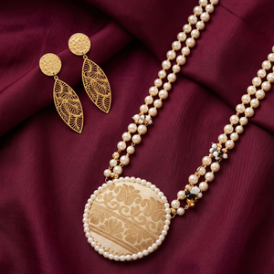 Muga Silk Pearl Necklace <b>Set</b> with Traditional Floral Pendant and Matching Gold Tone Leaf Earrings | Handcrafted <b>Indian</b> <b>Jewellery</b> - Product Image 5