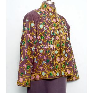Amazing Look Cotrise Embroidery Floral Quilted Autumn Winter <b>Jacket</b> Women's Regular Length <b>Mandarin</b> <b>Collar</b> Full Sleeve Button - Product Image 4