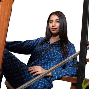 <b>Women</b> Royal Blue Geometric Print Pajama Set Long Sleeve Button Up Shirt Matching <b>Pants</b> Soft Sleepwear <b>Lounge</b> Wear Manufacturer - Product Image 3