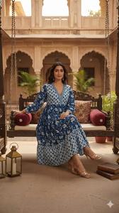 Robe longue midi élégante en coton bleu indigo à imprimé numérique, col en V, style bohème ethnique indien, taille naturelle, pour femme, été - Product Image 6