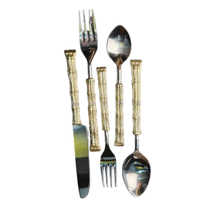 Ensemble de couverts en bambou doré avec manche articulé, style naturel créatif, acier inoxydable, 5 pièces, design bambou, vaisselle de table - Product Image 1